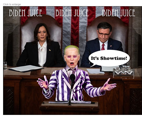 Satirical photo-illustration of President Joe Biden as the character Beetlejuce giving his State of the Union Address to the 118th Congress with Vice President Kamala Harris and House Speaker Mike Johnson sitting behind him. The words Biden Juice appear above him three times like the incantation from the movie and the comically demonic Biden is saying' It's Showtime!'