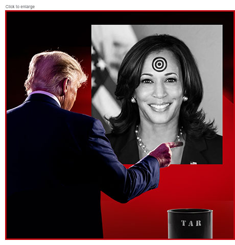 Satirical photo-illustration of Donald Trump seen from behind in front of a large black-and-white photograpgh of a smiling Kamala Harris. There is an open can of tar next to him and with his right blackened index finger he has drawn a Bindi dot surrounded by two target circles on her forehead to reference his provocative questioning of her identity as Black or Indian.