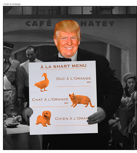 Satirical photo-illustration about Donald Trump claiming Haitian immigrants are eating pets by showing him as a waiter in Café Hatey presenting the à la Shart Menu which features Duc à l'Orange, Chat à l'Orange, and Chien à l'Orange with accompanying images of an orange duck, cat and dog.