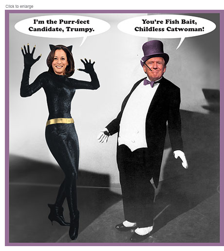 Satirical photo-illustration of Vice President Kamala Harris as the 1960's TV version of Catwoman from Batman saying, 'I'm the Purr-fect Candidate, Trumpy.' to her presidential opponent Donald Trump in the Penguin's get-up, who replies, 'You're Fish Bait, Childless Catwoman!'