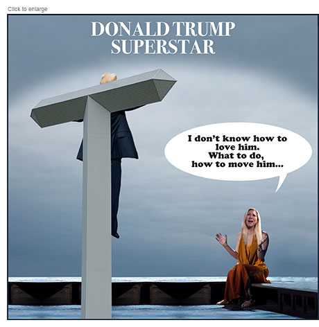 Satirical photo-illustration spoof based on Jesus Christ Superstar retitled Donald Trump Superstar with a T-shaped cross on a stage seen from behind with Donald Trump nailed to it. Sitting below him in the Mary Magdalene role is Marjorie Taylor Greene plaintively singing 'I don't know how to love him. What to do, how to move him…'