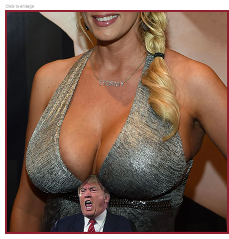 Satirical photo-illustration of a yelling red-faced Donald Trump with his head wedged beneath the massive underboobs of Stormy Daniels who is the star witness against him in a New York criminal hush money trial.