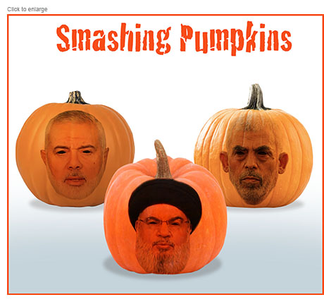 Satirical photo-illustration about Israel's assassinations of terrorist leaders showing the faces of Hamas' Haniyeh and Sinwar along with Hezbollah's Nasrallah om the faces on Halloween Jack o' Lanterns under the title Smashing Pumpkins.