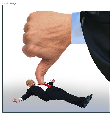 Satirical photo-illustration of an unhappy Donald Trump lying flat on his back being held down by the thumbs-down gesture of a giant judge's hand representing his felony conviction on 34 counts in his hush money trial.