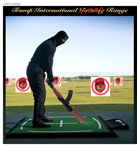 Satirical photo-illustration about the Trump assassination attempt on his golf course with a figure wearing a hood an balaclava and holding an AK-47 like a golf club tees up a ball on a driving range green. On the field ahead of him are several placards with Trumps's face in a MAGA cap and a target over it for him to aim at.