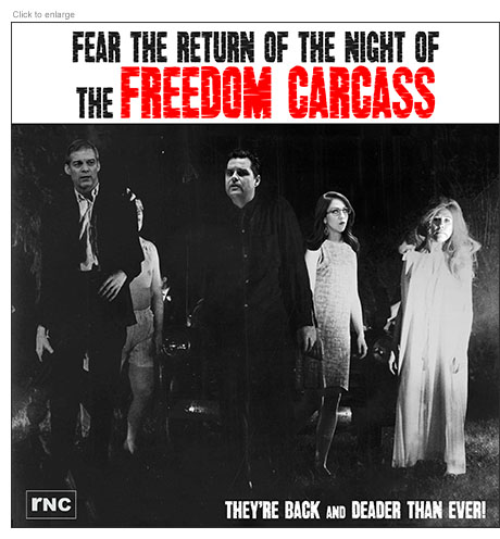 Photo-illustration spoof of conservative House Republicans Jim Jordan, Matt Gaetz, Lauren Boebert and Marjorie Taylor Greene as zombies shuffling in a field under the title Fear the Return of the Night of the Freedom Carcass with an RNC rather than AMC logo at the bottom left. The tagline at the bottom right reads 'They're Back and Deader Than Ever.'
