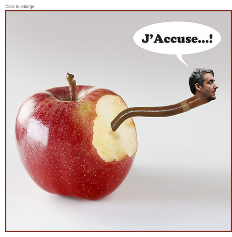 Satirical photo-illustration of former Donald Trump lawyer Michael Cohen with the body of a worm emerging from a big apple to utter the phrase "J'Accuse...!" referring to his testimony against his former boss in his New York-based hush money trial.s