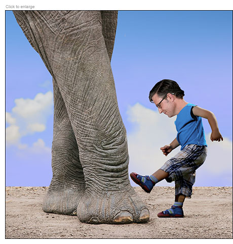 Satirical photo-illustration of Republican House Speaker Mike Johnson as a lttle child kicking the leg of a big GOP elephant representing his resistance to calls from his party's right wing to not support a foreign aid package funding Israel and Ukraine.