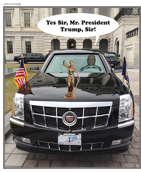 Satirical photo-illustration of Donald Trump's fantasy of Supreme Court-sanctioned lawsuit-free second term riding in his cadillac Beast limousine with a Lady Justice hood ornamnet and Justice Clarence Thomas as his chauffeur saying, 'Yes Sir, Mr. President Trump, Sir!'