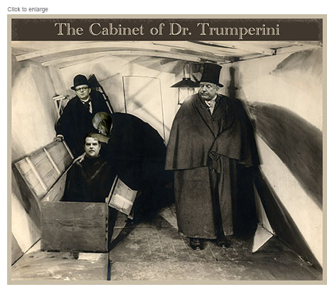 Satirical photo-illustration based on a still from the film the The Cabinet of Dr. Caligari retitled The Cabinet of Dr. Trumperini spoofing the president-elects choice for Attorney General. Inside an expressionistic sideshow wagon Trump appears in a top hat and coat as the doctor looking over at House Speaker Mike Johnson and Supreme Court Justice Clarence Thomas fussing over ex-Representative Matt Gaetz sitting up in a coffin-like crate.