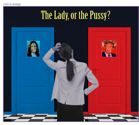 Photo-illustration spoof of the choice undecided voters will make in the 2024 presidential race with the view of a woman considering two doors in front of her to open as in the classic story The Lady or the Tiger. The left is blue with a window in it framing the face of a smiling Kamala Harris, the right one is red and the face of Donald Trump wearing cat ears can be seen under the title The Lady or the Pussy.