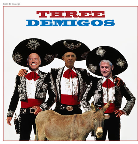 Satirical photo-illustration depicting President Joe Biden and former Democratic Presidents Obama and Clinton posed in the costumes of the comedy film characters the Three Amigos under the title Three Demigos with a donkey standing in front of them.