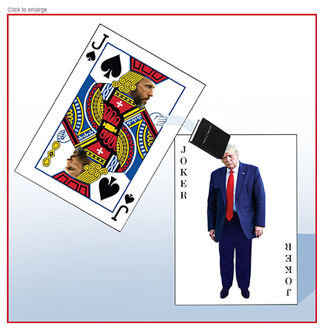 Satirical photo-illustration of Special Counsel Jack Smith's head on the body of a Jack of Spades card that's leaning as his hand releases a black book entitled Indictment to hit the head of an unhappy figure of presidential candidate Donald Trump on a Joker card.