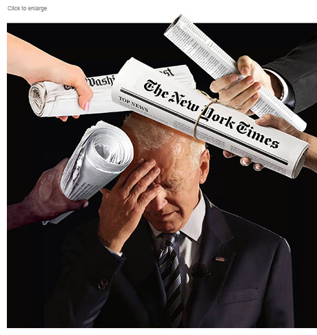 Satirical photo-illustration of a pained President Joe Biden with his head bowed and his fingers to his forehead getting hit over the head by four separate newspapres representing the mainstream press including the New York Times and Washington Post. The so-called liberal media is attacking Biden after his poor debate performance and pressut=ring him to leave the 2024 presidential race due to his age and perceived cognitive decline.