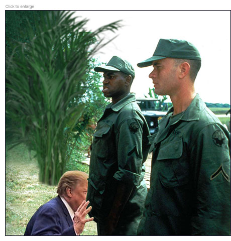 Satirical photo-illustration concerning a message from Mark Epstein that read “ask him if Putin has the photos of Trump blowing Bubba.” that jokes it does not refer to Bill Clinton but to the character Bubba Blue played by Mykelti Williamson in the film Forrest Gump. Trump is shown kneeling in front of Bubba wearing fatigues with his half-hidden face by his crotch while Forrest played by Tom Hanks stands at attention beside him.