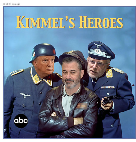 Satirical photo-illustration about the pressure from Trump's FCC to get Jimmy Kimmel Live! suspended by ABC as a spoof of the sitcom Hogan's Heroes retitled Kimmel's Heroes. It depicts Kimmel as the smiling American POW surrounded by Trump as the dim-witted Sgt. Schultz and FCC Chairman Brendan Carr as Nazi Col. Klink.