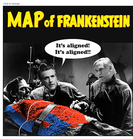 Satirical photo-illustration spoofing the competing electoral redistricting plans in Texas and California as a movie poster for the Map of Frankenstein showing Governor Gavin Newsom as the eponymous doctor leaning over the creature with a red and blue map on his chest, and crying 'It's aligned! It's aligned!!' as he takes its pulse. Texas Governor Greg Abbott in the role of assistant Ygor looks on with concern.