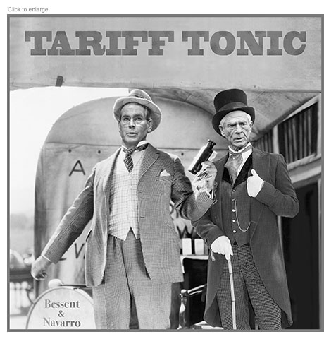 A satirical photo-illustration of Treasury Scretary Scott Bessent and Presidential Counsellor Peter Navarro dressed up as vintage snake oil salesmen under a sign reading Tariff Tonic.