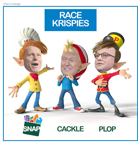 Satirical photo-illustration about the Republican response to the ongoing government shutdown that is impacting Supplemental Nutrition Assistance Program payments to provide food for the needy spoofing an ad for Rice Krispies rebranded Race Krispies and showing Senate Majority Leader Thune as the cartoon mascot SNAP , President Trump as CACKLE and House Speaker Johnson as PLOP making merry because most recipients are non-white.