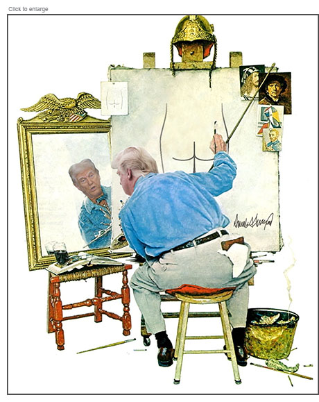 Satirical photo-illustration about the Wall Street Journal report that Donald Trump created a dirty birthday card for Jeffrey Epstein. It spoofs the Norman Rockwell self-portrait depicting Trump as the artist seen from behind painting at a big canvas as he looks at his face in a mirror. On the canvas he’s drawn a crude outline of a man’s bare buttocks as his own image.