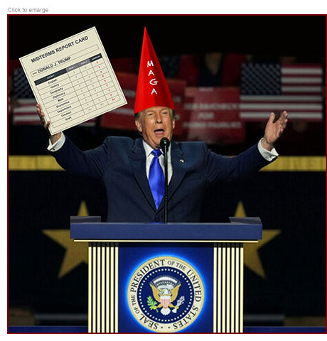 Satirical photo-illustration about the 2026 Republican Midterm National Convention in Dallas, Texas depicting Donald Trump at a Presidential podium hectoring the crowd to make the election about him. In touting his record he holds up a Midterms Report Card with his name on it listing subjects including English, History, Geography, Diplomacy, Math, Economics, Deportment and Conduct. All have a series of F grades next to them for year 1, Year 2 and Average, except for Graft for which he’s received A+. On his head is a red since cap labeled MAGA.