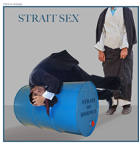 Satirical photo-illustration about US negotiations with Iran over ending the war and reopening the Strait of Hormuz to shipping that shows Secretary of State Marco Rubio draped over a barrel of oil with his head in his hands and his backside in the air. Below the title Strait Sex a mullah stands behind the prone figure slowly pulling up his robes in prepararation.