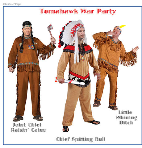 Satirical photo-illustration about the Iran War led by ridiculous men dressed up in Halloween Indian costumes under the title Tomahawk War Party referencing their missile of choice. It shows Joint Chief Raisin’ Caine wielding an axe, Secretary of Defense Hegseth in a headdress holding a missile above the label Chief Spitting Bull, and Senator Lindsey Graham whooping as Little Whining Bitch.