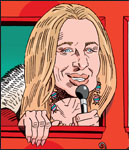 Caricature of Barbra Streisand holding a microphone as she sticks her head out of the window of and Advent calendar.