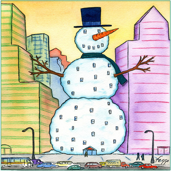 Feggorama 49: Snowman as building in the city