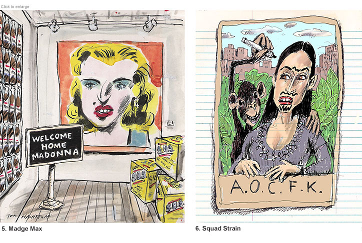 Madonna in an Andy Warhol portrait and Alexandria Ocasio-Cortez in a spoof of Man Ray's Mona Lisa portrait
