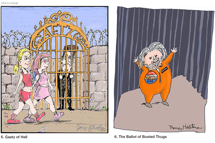 Cartoons of Congressman Gaetz trapped behind a barred Gaetz Gate as two pre-pubescent girls walk by and an exuberant Steve Bannon in an orange Jumpsuit behind bars wearing a Vote Trump 2024 button.
