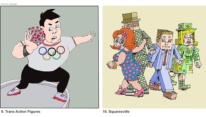 Cartoons of a transsexual shot putter with a coronavirus under his chin about to be tossed and a rounded woman walking with a blocky date as another blocky couple walk by.