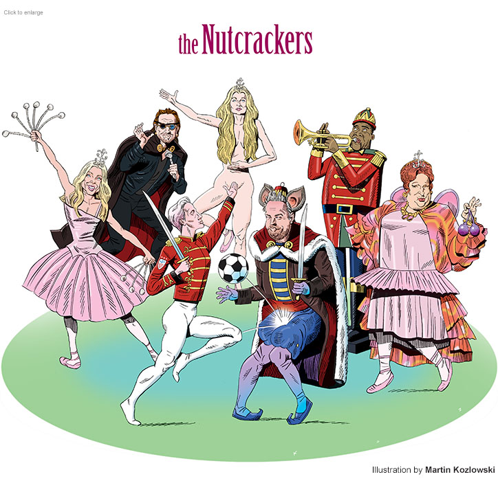 A spoof of the Nutcracker ballet with celebrities Kelly Ripa as a ballerina, Bono as Drosselmeyer, Paulina Porizkova as a nude dancer, Louis Armstrong as the Nutcracker, Megan Rapinoe as Phillip the Nutcracker, Matthew Perry as the Mouse King, and Harvey Fierstein as the Sugar Plum Fairy.