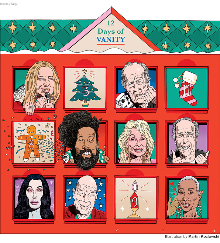 Cartoon spoof of authors and singers with books and album available for holiday gifts seen as choices in an Advent calendar decorated with Christmas season icons like a tree, gingerbread man, stocking and candle labeled '12 Days of Vanity'. The eight open windows reveal memoirists and singers Barbra Streisand, Werner Herzog, Reggie Watts, Dolly Parton, Henry Winkler, Cher, Patrick Stewart and Jada Pickett Smith.