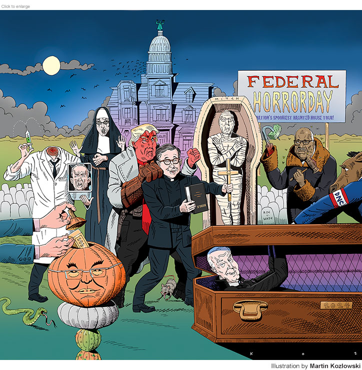 Satirical illustration of political figures in the Federal Horrorday: Nation's Spookiest Haunted House Tour in front of a haunted house with a Capitol dome atop it and bats flying out of it. Posed are Lauren Boebert dressed as the horror film character The Nun with a disembodied hand on her breast, Mitch McConnell as the Mummy in an open sarcophagus, Robert F. Kennedy Jr. at the Re-Animator holding his own head in a lab tray as he brandishes a syringe marked 'Vax', and Justice Clarence Thomas as Candyman with money on his bloody hook hand. In front of them are Donald Trump as Hellboy being protected by the Exorcist Speaker of the House Mike Johnson, Jack o’ Lantern Robert Melendez having a pair of hands placing a 14-karat gold bar in his pumpkin head, and President Joe Biden as a Count Dracula-like vampire in a coffin pushing the lid up as a Democratic donkey tries shutting it from above.