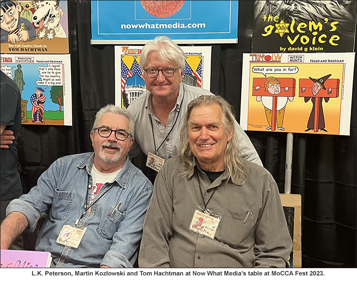 Photograph of the Now What Media Table at MoCCA Fest 2023 with L.K. Peterson, Martin Kozlowski and Tom Hachtman.